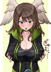1girl absurdres black_jacket black_shirt blue_eyes blush breasts brown_hair brown_wings cleavage commentary_request eunie_(xenoblade) feathered_wings grabbing_own_breast head_wings highres jacket large_breasts shirt simple_background upper_body wings xenoblade_chronicles_(series) xenoblade_chronicles_3 yotsuha_uni