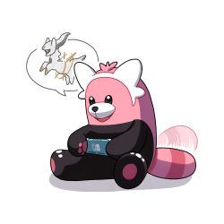 :d arceus bewear commentary creatures_(company) full_body game_freak gen_4_pokemon gen_7_pokemon handheld_game_console highres holding holding_handheld_game_console legendary_pokemon mythical_pokemon nintendo nintendo_switch open_mouth playing_games pokemon shi_mohaji sitting smile spoken_character tail tail_wagging tongue white_background