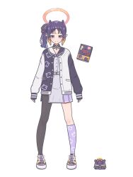 1girl absurdres alternate_costume asymmetrical_legwear belt book character_print costume detached_collar dress hair_ornament halo highres hololive hololive_english jacket long_hair looking_at_viewer mole mole_under_eye mpien ninomae_ina&#039;nis orange_hair pointy_ears purple_eyes purple_hair shoes side_ponytail sneakers takodachi_(ninomae_ina&#039;nis) tentacle_hair