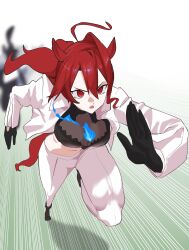 2girls absurdres ahoge animal_ears black_gloves blue_fire blurry blurry_background breasts commentary crop_top daaku_(koizumi_arata) elizabeth_rose_bloodflame english_commentary fire fire_on_chest gloves highres hololive hololive_english horse_ears horse_girl horse_tail jacket large_breasts multiple_girls navel nerissa_ravencroft pants racing red_eyes red_hair running tail umamusume virtual_youtuber white_jacket white_pants