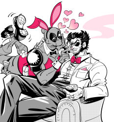 2boys animal_ears ass beard bodysuit bow bowtie cigar closed_mouth commentary_request cup deadpool deadpool_&amp;_wolverine deadpool_(series) drink eyepatch facial_hair fake_animal_ears fake_tail hand_hair hand_on_own_face heart highres holding holding_cup leotard looking_at_another male_focus male_playboy_bunny marvel marvel_cinematic_universe mouth_hold multiple_boys muscular muscular_male om85549 pants patch_(wolverine) pectorals pink_bow pink_bowtie pink_leotard rabbit_ears rabbit_tail shirt sitting smoke tail wolverine_(x-men) wrist_cuffs x-men yaoi