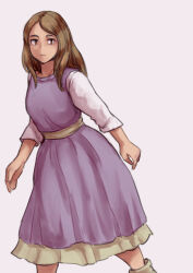 Rule 34 | 1girl, brown eyes, brown hair, closed mouth, dress, final fantasy, final fantasy tactics, hanemikakko, long hair, long skirt, looking at viewer, purple dress, simple background, skirt, solo, tietra heiral, white background