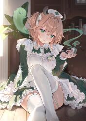 1girl apron artist_name blonde_hair bottle closed_mouth dress feet_out_of_frame frilled_apron frilled_dress frills garter_straps green_dress green_eyes hat highres holding holding_smoking_pipe id_card indie_virtual_youtuber indoors knee_up legs looking_at_viewer maid_apron naplings_(nimi_nightmare) nimi_nightmare nurse_cap on_floor one_side_up rosuuri smile smoking_pipe solo thighhighs virtual_youtuber white_apron white_thighhighs wooden_floor
