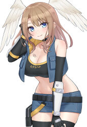 1girl absurdres bare_shoulders black_choker black_gloves black_sports_bra black_thighhighs blue_eyes blue_shorts blue_vest breast_tattoo breasts brown_hair choker cleavage closed_mouth commentary_request cosplay cowboy_shot elbow_gloves eunie_(xenoblade) feathered_wings fingerless_gloves gloves hand_in_own_hair head_wings highres large_breasts leaning_forward looking_at_viewer medium_hair midriff navel sena_(xenoblade) sena_(xenoblade)_(cosplay) shinae short_shorts shorts simple_background smile solo sports_bra tattoo thighhighs vest white_background white_wings wings xenoblade_chronicles_(series) xenoblade_chronicles_3