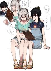 ... 2girls aqua_shirt black_hair blue_overalls blue_shirt brown_sandals chocolate grey_eyes hair_between_eyes hair_ribbon highres inoue_takina long_hair lycoris_recoil midriff multiple_girls multiple_views navel nishikigi_chisato overalls purple_eyes red_eyes red_ribbon ribbon sandals shioneko114 shirt short_hair short_sleeves shorts simple_background sitting speech_bubble spoken_ellipsis toes translation_request white_background white_shorts
