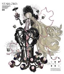 Rule 34 | 1girl, ahoge, black dress, blonde hair, breasts, crib, dress, elbow gloves, gloves, halo, highres, lace, long hair, original, pink dress, pink eyes, ribbon, s xing guowang, small breasts, tooth, very long hair, white background