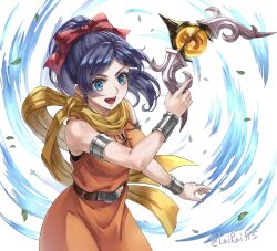 1girl 888666 :d armlet belt blue_eyes blue_hair boomerang bow bracer breasts colored_eyelashes commentary_request cowboy_shot dragon_quest dragon_quest_x floating_clothes floating_hair gem hair_bow highres holding_boomerang jewelry leaf medium_breasts mereade open_mouth orange_gemstone orange_tunic pink_bow ponytail scarf silver_armlet sleeveless_tunic smile solo tunic twitter_username white_background yellow_scarf