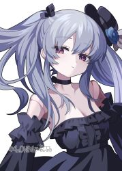 1girl 4rion absurdres artist_name black_choker black_dress black_hat black_sleeves choker detached_sleeves doll_joints dress frills grey_hair hat highres joints long_hair mini_hat orchis purple_eyes shadowverse shadowverse:_worlds_beyond simple_background solo twintails twitter_username upper_body white_background
