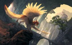 animal_ears animal_focus artist_name bird_wings bonsai canyon cat_ears cat_tail clockbirds commentary commission dutch_angle english_commentary feathered_wings full_body looking_ahead mane no_humans original outdoors photoshop_(medium) scenery sky smile solo spread_wings sunlight sunrise tail watermark wings yellow_sky yellow_wings