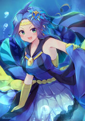 1girl absurdres ahoge blue_dress blue_hair blush breasts collarbone detached_sleeves dress duel_monster elbow_gloves fish gloves green_eyes hair_ornament highres kanzakietc large_breasts long_hair marincess_blue_tang open_mouth smile solo twitter_username underwater yellow_gloves yu-gi-oh!