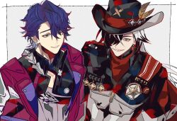 2boys absurdres black_hair boothill_(honkai:_star_rail) commentary_request cowboy cowboy_hat cropped_jacket cyborg green_eyes grey_background hat highres honkai:_star_rail honkai_(series) jacket long_hair looking_at_viewer male_focus multicolored_hair multiple_boys purple_hair sampo_koski sharp_teeth short_hair streaked_hair teeth u_5ham0 upper_body western