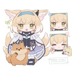 Rule 34 | 2girls, animal ears, arknights, blonde hair, blue dress, blue hairband, chibi, closed eyes, closed mouth, commentary, dress, earpiece, fox ears, fox girl, fox tail, frilled dress, frills, green eyes, hairband, highres, kitsune, kyuubi, material growth, mother and daughter, multiple girls, multiple tails, multiple views, open mouth, oripathy lesion (arknights), simple background, smile, someyaya, standing, suzuran (arknights), symbol-only commentary, tail, thick eyebrows, vulpisfoglia (arknights), watermark, white background