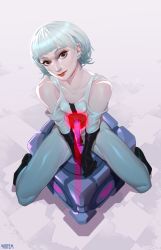 1girl androgynous aperture_science_weighted_companion_cube bare_shoulders brown_eyes collarbone ear_piercing eyelashes female_focus flat_chest highres lips long_hair looking_at_viewer personification piercing portal_(series) portal_1 sentry_turret_(portal) short_hair sitting solo vintem