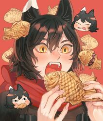 1girl :q alt_text animal_ears black_eyes black_hair blush bow cat_ears cat_girl chibi chibi_inset closed_eyes dungeon_meshi fingernails food food_on_face hair_between_eyes hands_up highres holding holding_food izutsumi long_fingernails looking_at_food looking_down mismatched_animal_ear_colors mouth_hold open_mouth portrait print_background red_background red_scarf sasakura34 scarf scarf_bow sharp_teeth short_hair solo taiyaki teeth tongue tongue_out wagashi yellow_eyes