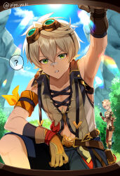 2boys ? bandaid bandaid_on_face bandaid_on_nose bennett_(genshin_impact) black_gloves brown_gloves bush cloud commentary_request dahlia_(genshin_impact) day genshin_impact gloves goggles goggles_on_head green_eyes grey_hair hair_between_eyes hat highres looking_at_viewer male_focus meshi_kue_yo multiple_boys outdoors pink_hair shorts sky sleeveless solo_focus sparkle spoken_question_mark sweat twitter_username