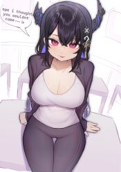 1girl absurdres alternate_costume asymmetrical_horns bass_clef black_hair black_jacket breasts cameltoe classroom cleavage collarbone colored_inner_hair cowboy_shot cross_hair_ornament demon_horns desk english_text flower fortissimo hair_between_eyes hair_ornament hands_on_table heart highres hololive hololive_english horn_flower horns indoors jacket large_breasts long_hair long_sleeves looking_at_viewer multicolored_hair musical_note musical_note_hair_ornament nerissa_ravencroft open_clothes open_jacket open_mouth pants pink_eyes poster_(object) purple_hair school_desk shirt sitting sitting_on_table smile solo speech_bubble split-color_hair sweatpants szuukie talking tassel tassel_hair_ornament thighs track_jacket two-tone_hair uneven_horns virtual_youtuber white_shirt