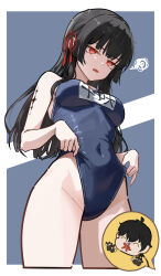 1girl absurdres alternate_costume bare_arms black_hair blue_one-piece_swimsuit border breasts chisa_(wuthering_waves) commentary covered_navel cowboy_shot cropped_legs dated_commentary flower frontal_wedgie hair_rings highres long_hair looking_down male_rover_(wuthering_waves) medium_breasts one-piece_swimsuit open_mouth red_eyes red_flower red_rose rose rover_(wuthering_waves) ryeon_(naturesan) school_swimsuit self_wedgie spoken_character squiggle swimsuit tacet_mark_(wuthering_waves) wedgie white_border wuthering_waves