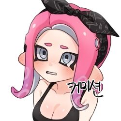 1girl black_hairband blush bow_hairband breasts cleavage collarbone commentary_request grey_eyes hairband ikki_(gsl_9708) korean_commentary long_hair nintendo octoling octoling_girl octoling_player_character pink_hair print_hairband short_eyebrows simple_background solo splatoon_(series) splatoon_3 tearing_up tentacle_hair thick_eyebrows upper_body white_background