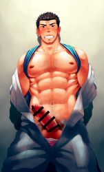 1boy abs bar_censor bara bare_pectorals bare_shoulders blue_shirt blush censored chest_hair clenched_teeth clothes_lift ear_blush erection facial_hair feet_out_of_frame goatee hairy highres large_pectorals long_sideburns looking_at_viewer male_focus male_pubic_hair male_underwear male_underwear_peek male_underwear_pull mature_male muscular muscular_male navel navel_hair nipples obliques open_jumpsuit original pectorals penis pink_male_underwear precum precum pubic_hair shirt shirt_behind_neck shirt_lift short_hair sideburns solo stomach teeth thick_eyebrows underwear unplugged_line veins veiny_penis