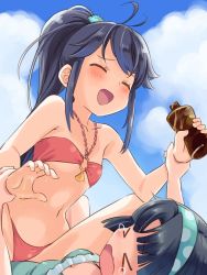 &gt;_&lt; 2girls ahoge aqua_one-piece_swimsuit bikini black_hair blush bottle breasts cleavage cloud commentary_request covered_erect_nipples crying day closed_eyes frilled_swimsuit frills grabbing_another&#039;s_hand hair_ornament hairband holding_another&#039;s_wrist long_hair multiple_girls musumi_kiyoka navel o-ring o-ring_top one-piece_swimsuit open_mouth pink_one-piece_swimsuit ponytail sky small_breasts smile straddling struggling swimsuit takano_natsuki tanning_oil tears toji_no_miko yamashiro_yui you_gonna_get_raped yuri
