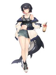 1girl black_hair black_shirt blue_shorts colored_inner_hair crop_top cup disposable_cup ellen_joe fins fish_tail full_body holding holding_cup jacket mole mole_under_eye multicolored_hair navel open_clothes open_jacket ototnmw1 razor_blade_hair_ornament red_eyes shark_girl shark_tail shirt short_hair shorts simple_background tail zenless_zone_zero