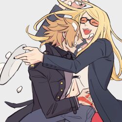 2boys arm_up black-framed_eyewear black_coat black_nails blonde_hair blue_pants buttoned_cuffs buttons closed_eyes coat collared_shirt commentary daybit_sem_void denim fate/grand_order fate_(series) floating_hair grey_background hand_on_another&#039;s_hip hashtag-only_commentary highres holding holding_plate jeans laughing layered_sleeves long_hair long_sleeves male_focus midriff_peek multiple_boys nail_polish navel open_mouth orange-tinted_eyewear pants plate shirt spilling teeth tezcatlipoca_(fate) thissideupplz tinted_eyewear tongue two-sided_coat two-sided_fabric upper_teeth_only white_shirt wing_collar yaoi