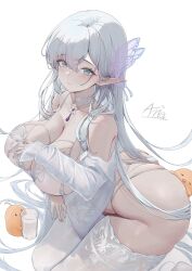 Rule 34 | 1girl, absurdres, albion (a fairy-tale breakfast) (azur lane), albion (azur lane), annasui factory, azur lane, bare shoulders, blush, bra, breasts, butterfly hair ornament, cleavage, closed mouth, commentary, cup, drinking glass, grey eyes, hair between eyes, hair ornament, highres, lace, lace-trimmed bra, lace-trimmed panties, lace-trimmed thighhighs, lace trim, large breasts, long hair, long sleeves, looking at viewer, manjuu (azur lane), milk, off shoulder, official alternate costume, panties, pointy ears, see-through bra, see-through butterfly, see-through clothes, see-through hair ornament, see-through shirt, shirt, signature, simple background, skindentation, smile, thick thighs, thighhighs, thighs, underwear, white background, white bra, white hair, white panties, white shirt, white thighhighs