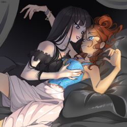 2girls arm_up armpits bare_arms bare_shoulders black_dress black_hair black_lips black_nails blue_eyes blue_lips blue_tank_top bracelet breasts bright_pupils closed_mouth commission couple cowboy_shot cross-laced_clothes cross-laced_top curly_hair dress eye_contact frilled_dress frilled_sleeves frilled_straps frilled_tank_top frills grey_eyes groping hair_between_eyes hair_spread_out heads_together high-waist_shorts highres indoors jewelry large_breasts light_blush lipstick long_hair looking_at_another lying makeup multiple_girls nail_polish off-shoulder_dress off_shoulder on_back on_bed open_mouth orange_hair original pillow pink_nails short_dress short_sleeves shorts sitting smile straight_hair tank_top teeth very_long_hair wavy_hair white_pupils white_shorts wikate yuri