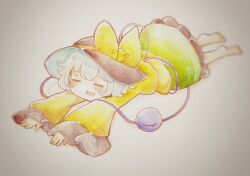 Rule 34 | 1girl, barefoot, black hat, blush, bow, closed eyes, commentary request, eyeball, frilled sleeves, frills, green hair, green skirt, hat, hat bow, highres, komeiji koishi, long sleeves, lying, on stomach, open mouth, photo (medium), shiro tsugumi, shirt, skirt, smile, solo, third eye, touhou, traditional media, wide sleeves, yellow bow, yellow shirt