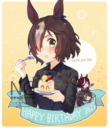 3girls :t animal_ears black_hair black_jacket black_shirt blush brown_background brown_eyes brown_hair cake cake_slice closed_mouth collared_shirt commentary_request dated eating food food_on_face fork fruit happy_birthday holding holding_fork holding_plate horse_ears jacket long_hair long_sleeves looking_at_viewer mouth_hold multicolored_hair multiple_girls nanashi_(774umauma) narita_brian_(umamusume) plate ponytail school_uniform shirt stalk_in_mouth strawberry tanino_gimlet_(umamusume) tracen_school_uniform two-tone_hair umamusume upper_body vodka_(umamusume) watermark wavy_mouth white_hair