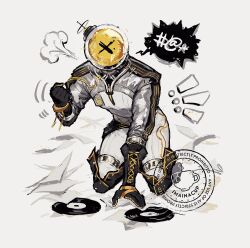 ! !! 1boy black_boots black_gloves boots clenched_hands facing_viewer ferrofluid fishbowl_helmet gloves hand_up highres imainacup jumpsuit male_focus object_head paper puff_of_air reverse:1999 solo speech_bubble thigh_boots ulrich_(reverse:1999) vinyl_record watermark white_background white_jumpsuit x