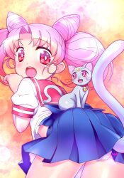 Rule 34 | 1girl, ass, bent over, bishoujo senshi sailor moon, blue skirt, cat, cat tail, chibi usa, cone hair bun, diana (sailor moon), double bun, earrings, grey cat, hair bun, highres, himehachi (hime8manga), jewelry, looking back, medium hair, miniskirt, open mouth, pleated skirt, puffy short sleeves, puffy sleeves, red eyes, red sailor collar, sailor collar, school uniform, serafuku, shirt, short sleeves, skirt, tail, tail raised, teeth, twintails, upper teeth only, white shirt