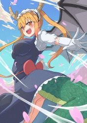 1girl arms_at_sides ass ass_peek back_bow black_wings blonde_hair blue_dress blush bow breasts commentary_request day dragon_girl dragon_horns dragon_tail dress falling_petals highres horns kobayashi-san_chi_no_maidragon large_breasts large_tail maid_headdress onabe915 open_mouth orange_eyes outdoors petals red_bow shirt shirt_under_dress short_sleeves sky solo tail teeth tohru_(maidragon) twintails upper_teeth_only upskirt white_shirt wings