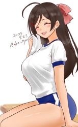 1girl ahoge alternate_costume blue_buruma blush breasts brown_hair buruma closed_eyes dated gym_shirt gym_uniform hair_ornament hair_ribbon hairclip kantai_collection large_breasts long_hair mamiya_(kancolle) open_mouth ponytail ribbon shirt short_sleeves sitting smile solo tasogare_yanio towel twitter_username white_background white_shirt