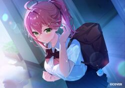 1girl 35p_(sakura_miko) ahoge alternate_costume bag black_skirt bow bowtie breasts closed_mouth collared_shirt commentary_request copyright_notice crossed_bangs day double-parted_bangs green_eyes hair_between_eyes hair_ornament hairclip hand_up hololive indoors jiu_(jiwoo_owo9) large_breasts looking_at_viewer medium_hair official_art pink_hair pleated_skirt ponytail red_bow red_bowtie sakura_miko school_bag school_uniform shirt shirt_tucked_in short_sleeves skirt solo virtual_youtuber wet white_shirt