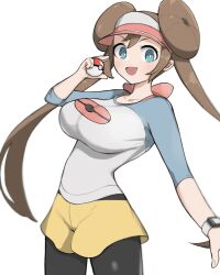 Rule 34 | 1girl, blue eyes, breasts, brown hair, highres, large breasts, nintendo, poke ball, poke ball (basic), pokemon, pokemon bw2, rosa (pokemon), simple background, solo, tsuneshima, white background