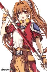 ahoge antenna_hair armor brown_gloves brown_hair cropped_jacket eiyuu_densetsu estelle_bright fingerless_gloves floating_hair gloves hair_between_eyes hair_intakes high_collar highres holding holding_staff holding_weapon long_hair open_mouth pauldrons red_eyes sen_no_kiseki_(series) short_sleeves shoulder_armor simple_background single_pauldron smile staff twintails twitter_username upper_body weapon white_background yukiko_(leovioykk)