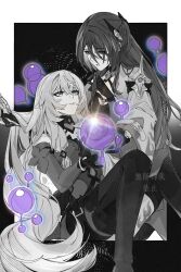 2girls absurdres acheron_(honkai:_star_rail) bare_shoulders black_gloves black_swan_(honkai:_star_rail) breasts chain chain_around_arm cleavage couple detached_sleeves dress elbow_gloves gloves hair_spread_out highres honkai:_star_rail honkai_(series) large_breasts long_hair multiple_girls naruuuuuu9 pantyhose purple_dress purple_eyes purple_gloves purple_hair purple_sleeves single_wide_sleeve smile very_long_hair yellow_eyes yuri