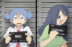 :d barbie_mugshot_(meme) black_undershirt blue_hair collared_shirt cube_hair_ornament dark_blue_hair green_shirt hair_ornament height_chart height_mark highres holding holding_sign layered_sleeves long_sleeves meme mugshot naganohara_mio naganohara_yoshino nameplate nichijou one_eye_closed open_mouth red_tie scared shirt short_over_long_sleeves short_sleeves sign smile snowii_cat unusually_open_eyes