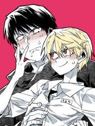 2boys androgynous bishounen black_hair black_jacket blonde_hair blush character_name closed_mouth eyeliner from_behind hand_on_another&#039;s_face high_school_boy hong_iltak jacket korean_text lee_hyunwoo makeup male_focus male_with_breasts multiple_boys official_art parkgee pink_background puffy_chest red_eyeliner red_eyes sanpaku school_uniform shirt short_hair simple_background smile sweat white_shirt yaoi