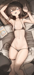 Rule 34 | 1girl, aqua eyes, arms up, bed, bikini, black bikini, black choker, black hair, blush, bracelet, breasts, choker, genek, highres, jewelry, lying, navel, on back, on bed, open mouth, original, short hair, side-tie bikini bottom, small breasts, stuffed animal, stuffed toy, swimsuit, teddy bear, thigh strap