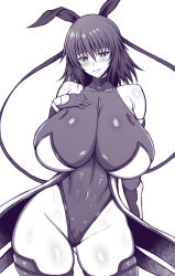 Rule 34 | 1girl, blush, breasts, covered navel, elbow gloves, gloves, greyscale, hair ribbon, highleg, highleg leotard, highres, huge breasts, leotard, looking at viewer, medium hair, mizuki shiranui, monochrome, revealing clothes, ribbon, shiny skin, solo, taimanin (series), taimanin yukikaze, thick thighs, thighs, thong leotard, white background, wide hips