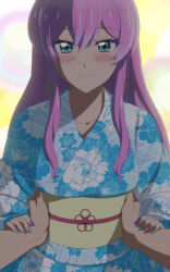1boy 1girl absurdres anime_screenshot blush floral_print fuufu_ijou_koibito_miman. grabbing_waist green_eyes hands_on_wrists highres japanese_clothes kimono looking_at_viewer nail_polish purple_hair smile stitched third-party_edit watanabe_akari yukata