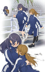 Rule 34 | 2girls, 404no2929, black leggings, black shoes, blue jacket, blue shorts, blush, breath, brown hair, commentary request, head on chest, highres, hug, jacket, jogging, leggings, long hair, miya (404no2929), multiple girls, no socks, open mouth, original, outdoors, ponytail, purple hair, running, shion (404no2929), shoes, shorts, smile, sneakers, socks, track jacket, white socks, yuri