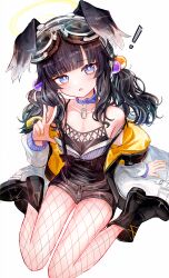 1girl absurdres aiu_. animal_collar beads black_boots black_hair black_shorts black_tank_top blue_archive blue_eyes boots breasts collar dog_tags fishnet_pantyhose fishnets goggles goggles_on_head hair_beads hair_ornament hibiki_(blue_archive) highres jacket long_hair looking_at_viewer low_twintails pantyhose purple_collar shorts sitting small_breasts solo tank_top twintails w wariza white_jacket yellow_nails