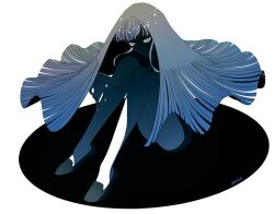 Rule 34 | 1other, androgynous, artist name, bare arms, bare legs, black shirt, black shoes, black shorts, blue hair, blue nails, blunt bangs, blunt ends, closed eyes, crossed wrists, floating hair, full body, gem uniform (houseki no kuni), grey eyes, highres, houseki no kuni, lapis lazuli (houseki no kuni), long hair, looking at viewer, mt5 014, nail polish, other focus, shadow, shirt, shoes, short shorts, shorts, sitting, solo, twitter username, very long hair, white background