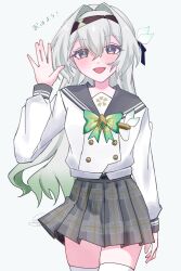 Rule 34 | 1girl, blush, bow, bowtie, checkered bow, checkered bowtie, checkered clothes, collared shirt, ellypwakame316, firefly (honkai: star rail), firefly (spring missive) (honkai: star rail), green bow, green bowtie, grey hair, grey sailor collar, grey skirt, hair between eyes, hair intakes, hair ornament, hair ribbon, hairband, highres, honkai: star rail, honkai (series), open mouth, pleated skirt, ribbon, sailor collar, shirt, simple background, skirt, smile, solo, thighhighs, waving arm, white background, white shirt, white thighhighs