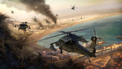 aircraft battle_of_mogadishu city flying helicopter highres mh-6_little_bird no_humans original ost02 shore smoke uh-60_blackhawk urban