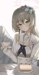 1girl blonde_hair blue_archive blush cake closed_mouth crossed_bangs cup dress feathered_wings flower food hair_between_eyes hair_flower hair_ornament highres holding holding_cup long_hair looking_at_viewer nagisa_(blue_archive) pink_flower sidelocks solo sweetcho swiss_roll teacup upper_body white_dress white_flower wings yellow_eyes