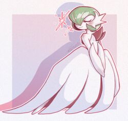 artist_name bob_cut closed_eyes colored_skin dress elbow_gloves gardevoir gen_3_pokemon gloves green_hair hair_over_one_eye mega_gardevoir mega_pokemon nintendo pokemon pokemon_(creature) simple_background skitkattl smile v_arms white_dress white_gloves white_skin